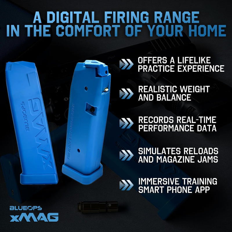 BLUEOPS xMAG Smart Dry Fire Magazine - Glock Double Stack 9mm Models (G17, G19, G19X, G26, G34, G45, G47, etc) Includes 2 Smart Training Magazines + 9mm Training Laser (Blueops Lite App Compatible)