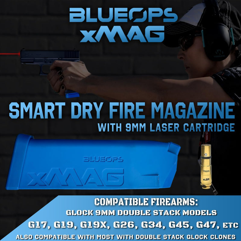 BLUEOPS xMAG Smart Dry Fire Magazine - Glock Double Stack 9mm Models (G17, G19, G19X, G26, G34, G45, G47, etc) Includes 2 Smart Training Magazines + 9mm Training Laser (Blueops Lite App Compatible)