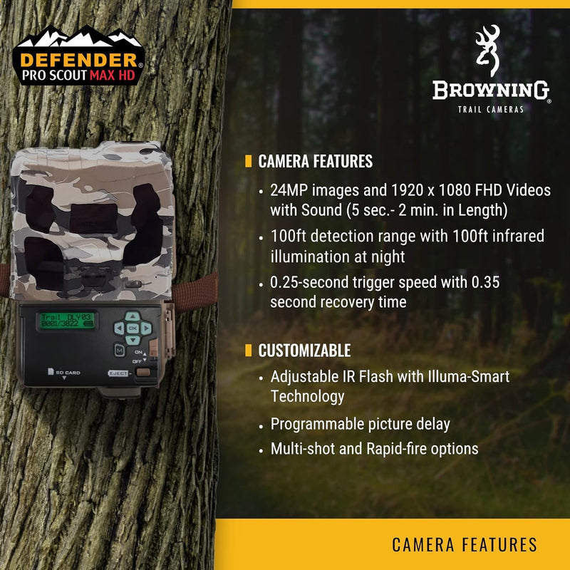 Browning 2024 Defender Pro Scout Max HD 24MP Dual SIM Cellular Trail Camera - Ultra High Gain Antenna, Smart Infrared Video, 100' Detection Range & Smartphone App Compatibility (OVIX Camo)