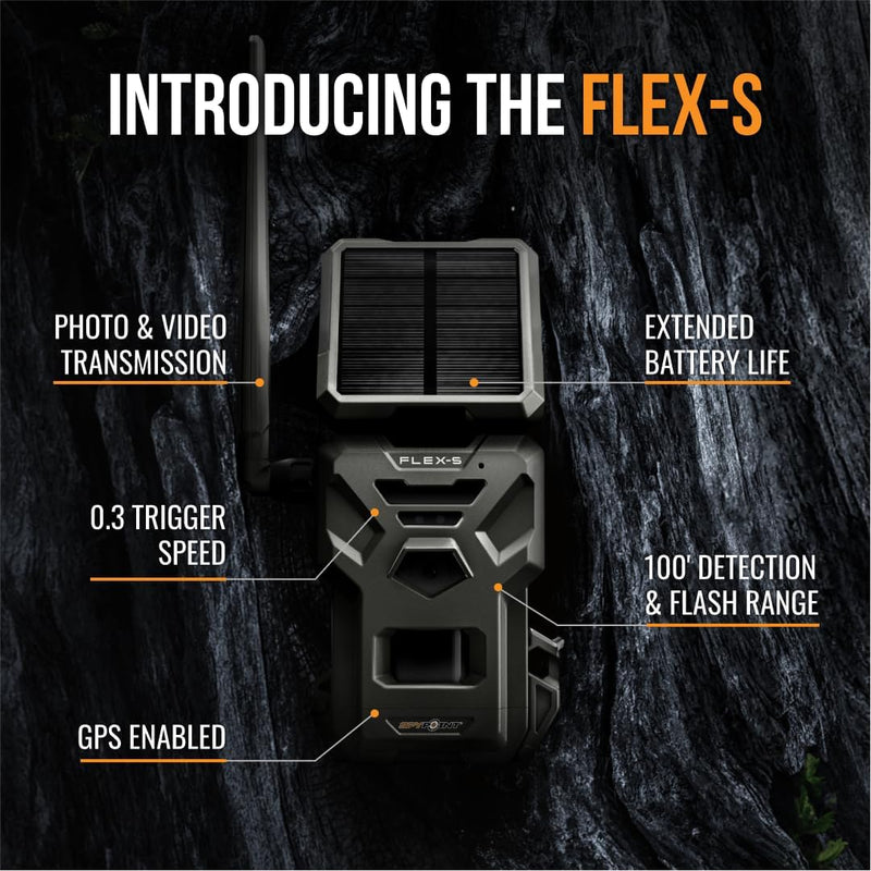 SPYPOINT Flex-S Solar Cellular Trail Camera, Integrated Solar Panel, On-Demand Capable, LTE Connectivity, 100-foot Flash/Detection Range, 0.3S Trigger Speed, Internal Battery, Optional Battery Backup
