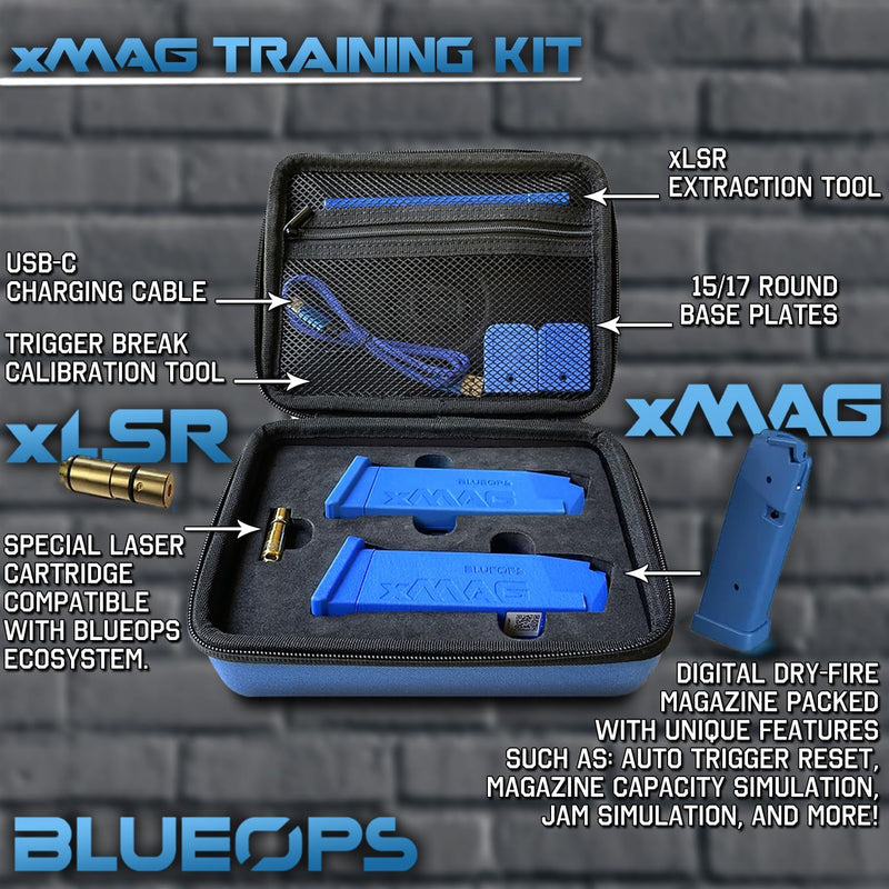 BLUEOPS xMAG Smart Dry Fire Magazine - Glock Double Stack 9mm Models (G17, G19, G19X, G26, G34, G45, G47, etc) Includes 2 Smart Training Magazines + 9mm Training Laser (Blueops Lite App Compatible)