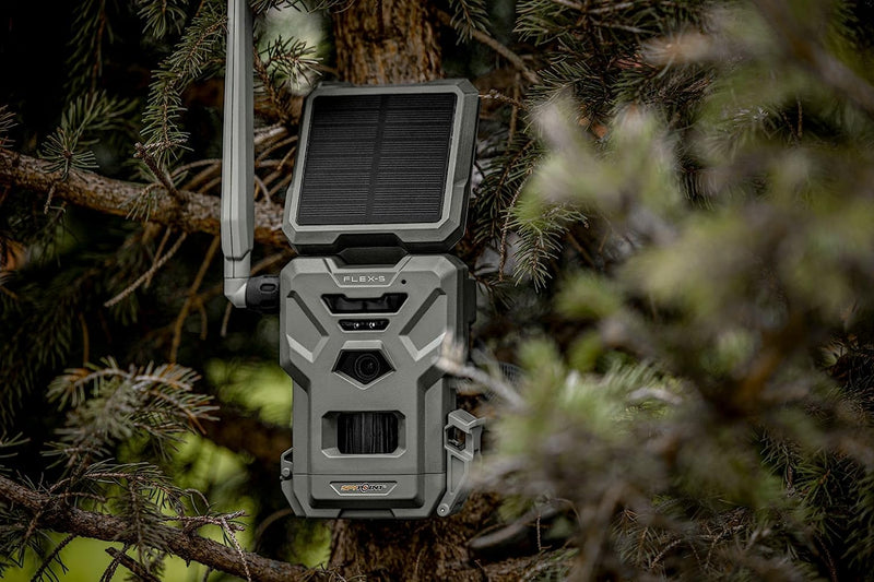 SPYPOINT Flex-S Solar Cellular Trail Camera, Integrated Solar Panel, On-Demand Capable, LTE Connectivity, 100-foot Flash/Detection Range, 0.3S Trigger Speed, Internal Battery, Optional Battery Backup