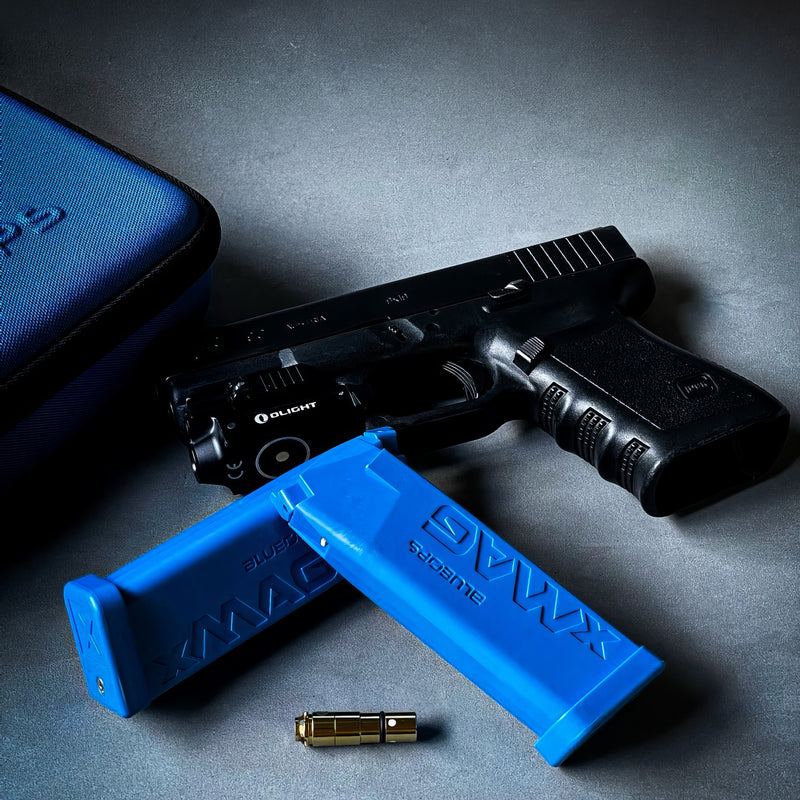 BLUEOPS xMAG Smart Dry Fire Magazine - Glock Double Stack 9mm Models (G17, G19, G19X, G26, G34, G45, G47, etc) Includes 2 Smart Training Magazines + 9mm Training Laser (Blueops Lite App Compatible)