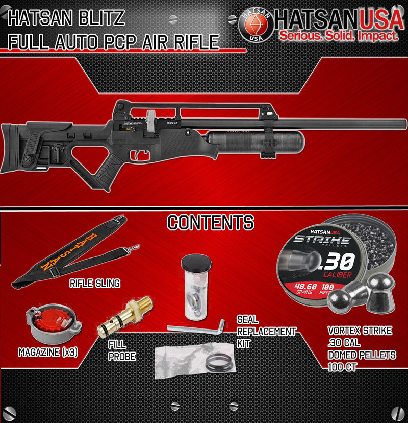 Hatsan Blitz Full Auto PCP Air Rifle, .30 Caliber - 730 FPS - Includes 3 Rotary Magazines, Rifle Sling, and Optional Pellets