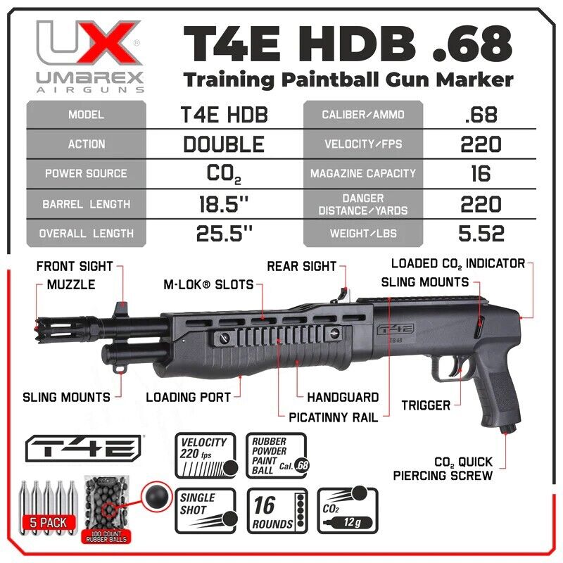 Umarex HDB .68 Cal Paintball Gun, CO2 Self Defense Shotgun, 220 FPS (2292140)