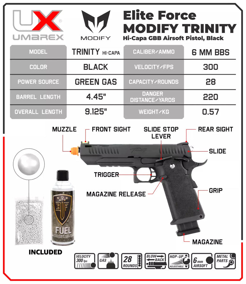 Umarex x Modify-Tech Trinity Hi-Capa Airsoft Pistol, Green Gas Blowback GBB (2279605)