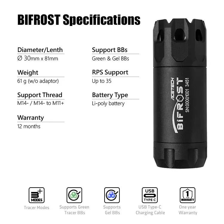 AceTech BIFROST Airsoft Tracer w/ Multi Color Flame RGB Muzzle Flash 14mm CCW