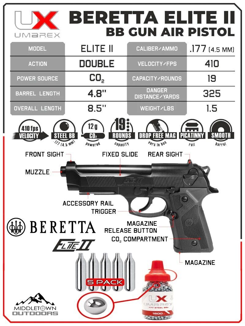 Umarex Beretta Elite II Air Pistol, .177 Cal, CO2 Powered, 410FPS (2253003) - Middletown Outdoors
