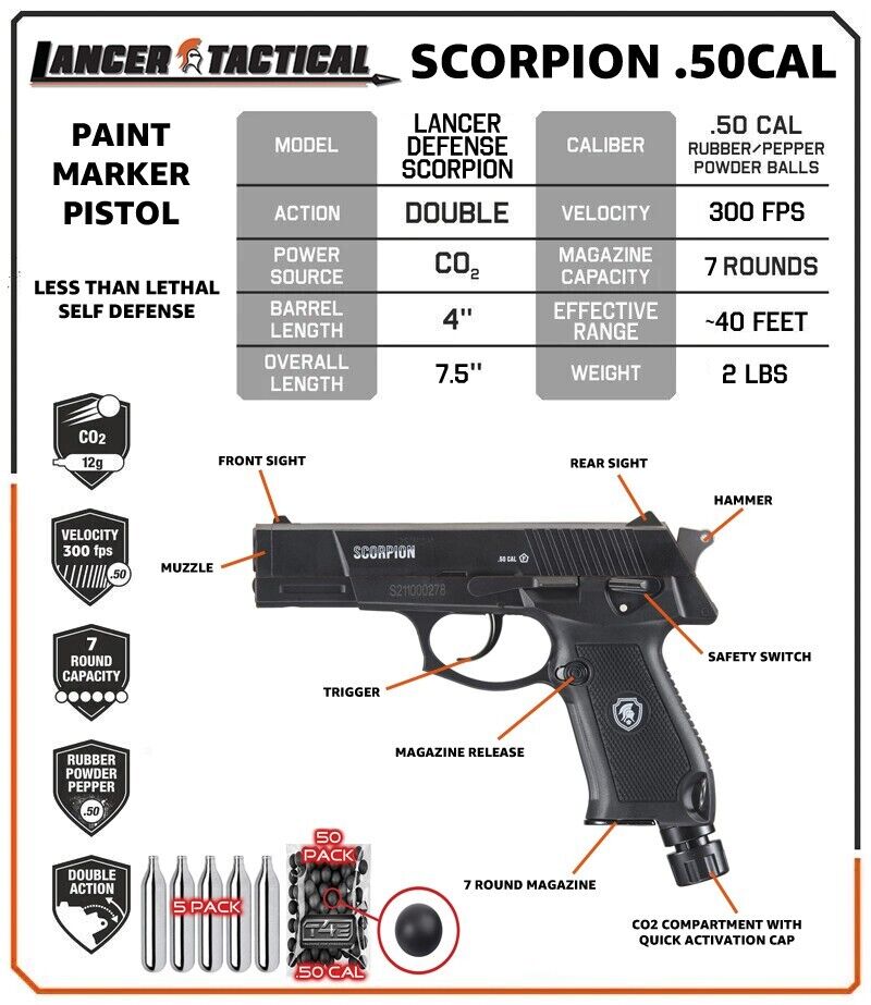Lancer Tactical Scorpion .50 Cal Self Defense / Pepper Ball Pistol