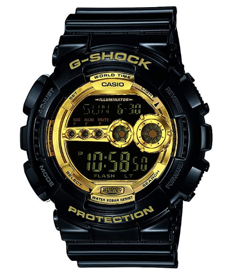 Casio Men's XL Series G-Shock Quartz 200M WR Shock Resistant Resin Color: Black & Gold (Model GD-100GB-1ACR) - Middletown Outdoors