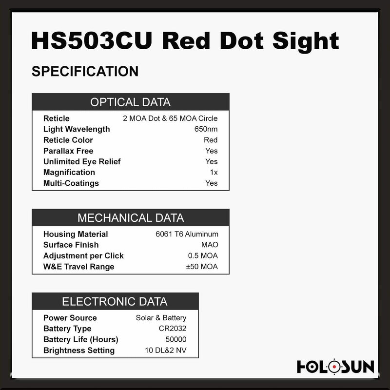 HOLOSUN HS503CU Solar Red Dot Sight, 2 MOA Dot, 65 MOA Circle, 1x Magnification - Middletown Outdoors