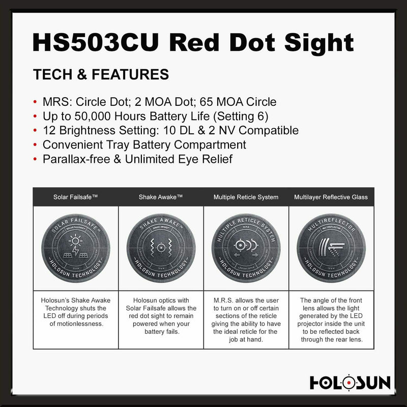 HOLOSUN HS503CU Solar Red Dot Sight, 2 MOA Dot, 65 MOA Circle (Manufacturer Defect)