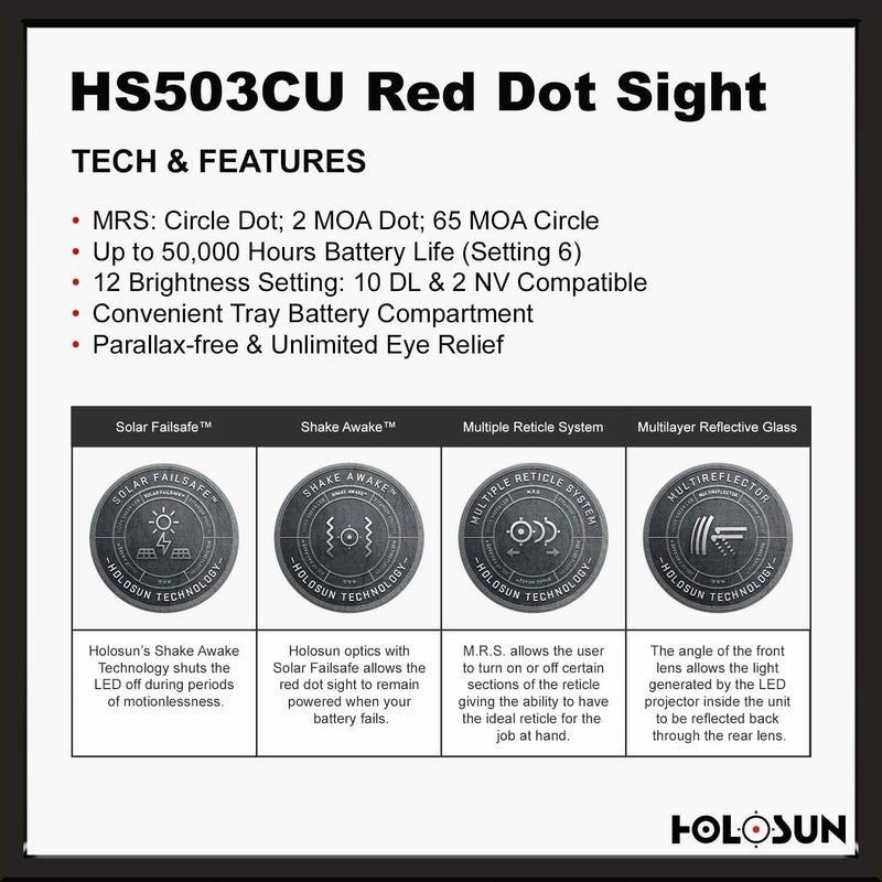 HOLOSUN HS503CU Solar Red Dot Sight, 2 MOA Dot, 65 MOA Circle, 1x Magnification