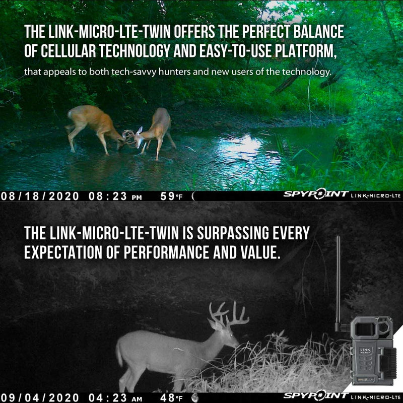 SPYPOINT LINK-MICRO-LTE TWIN PACK of Cellular Trail Cameras 10MP with Low-Glow LEDs for Quality Nighttime Photos, 80’ flash and detection range, 4G/LTE photo transmission (LINK-MICRO-LTE-TWIN) - Middletown Outdoors
