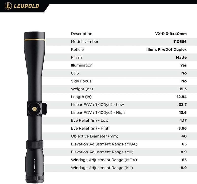 LEUPOLD SCOPE VX-R 3-9X40 30MM FIREDOT DUPLEX MATTE - Middletown Outdoors