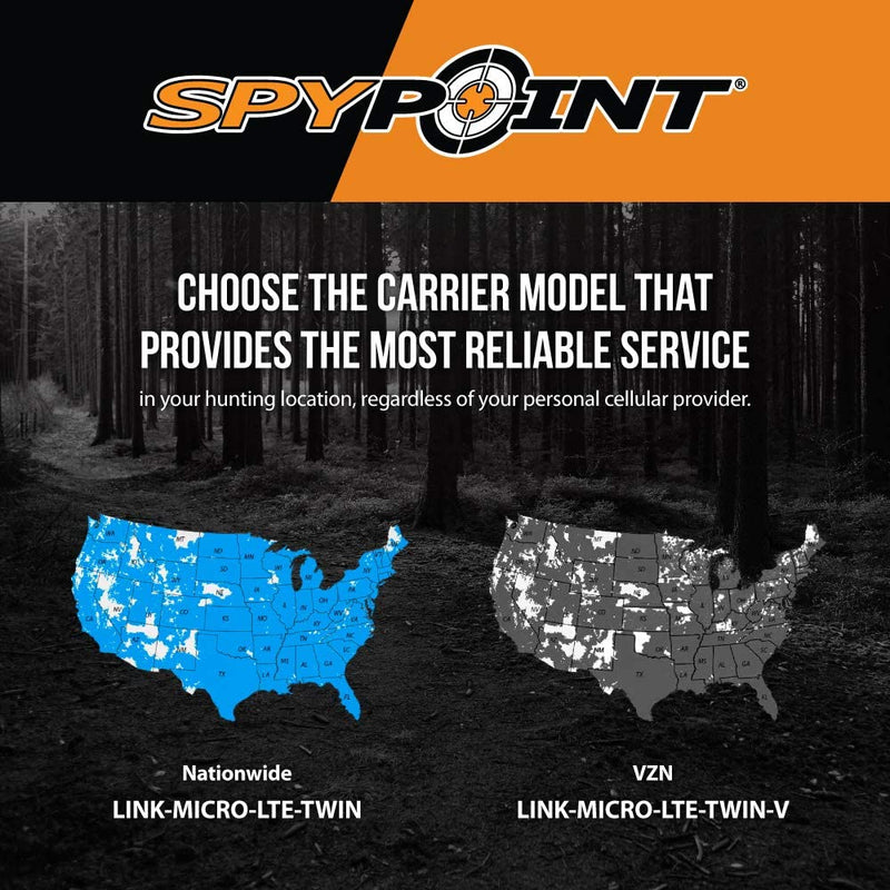SPYPOINT LINK-MICRO-LTE TWIN PACK of Cellular Trail Cameras 10MP with Low-Glow LEDs for Quality Nighttime Photos, 80’ flash and detection range, 4G/LTE photo transmission (LINK-MICRO-LTE-TWIN) - Middletown Outdoors
