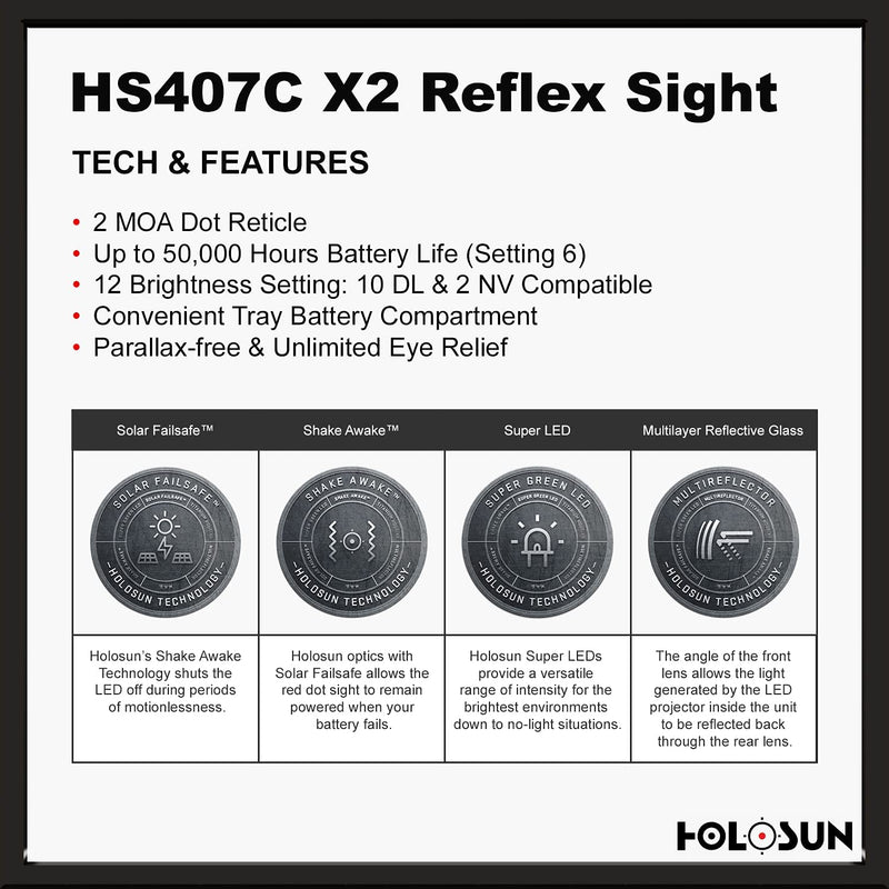 HOLOSUN - HS407C-X2 Classic Open Reflex Red Dot Sight 2 MOA (Black)