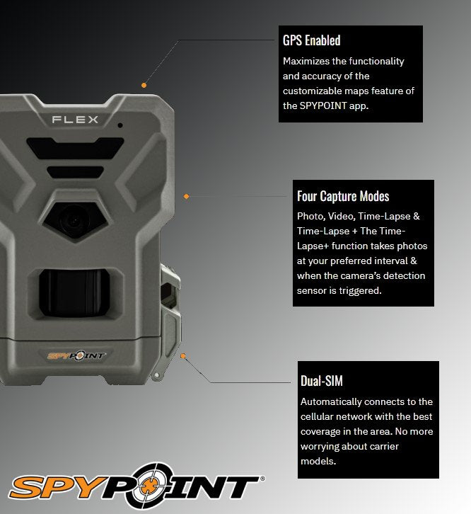 2022 Spypoint FLEX Multi-Carrier Cellular Trail Camera - 1080p Video Resolution, 33MP Photo Transmission, 100ft Detection Range - Middletown Outdoors
