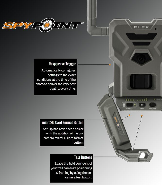 2022 Spypoint FLEX Multi-Carrier Cellular Trail Camera - 1080p Video Resolution, 33MP Photo Transmission, 100ft Detection Range - Middletown Outdoors