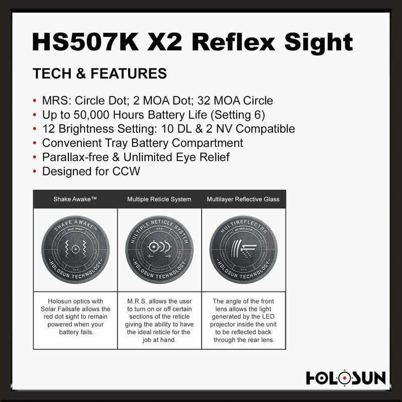 HOLOSUN HS507K-X2 Classic Red Dot Sight, 2MOA Dot, 32MOA Circle (Open Box) - Middletown Outdoors