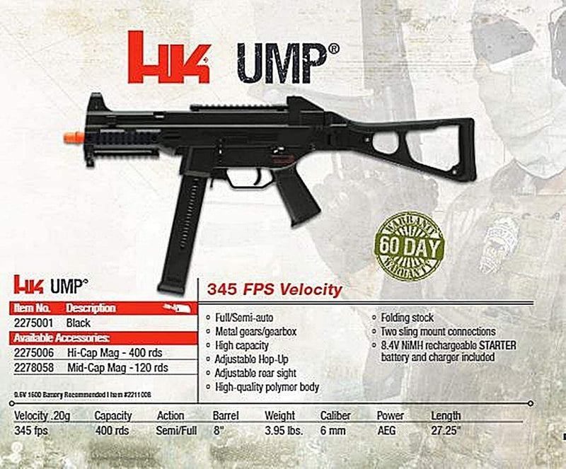 Umarex HK UMP AEG Competition Series Airsoft Rifle, .6mm Cal, 345FPS - Includes 500 .20G BB's (2275001) - Middletown Outdoors