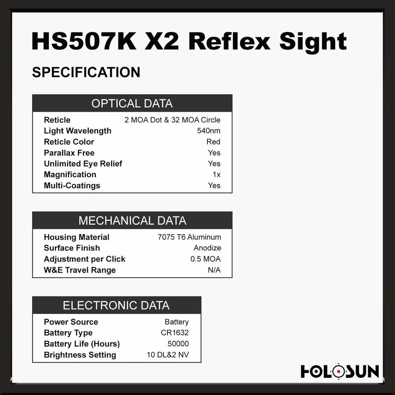 HOLOSUN HS507K-X2 Classic Red Dot Sight, 2MOA Dot, 32MOA Circle (Open Box)