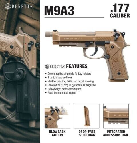 Umarex Beretta M9A3 .177 Air Pistol, Gas Blowback, (2253024) CO2 & BB Bundle Included